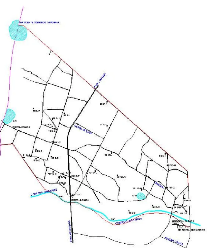 Figura 1: Mapa com as localizações dos pontos de coleta da água de consumo da Aldeia  Jaguapiru