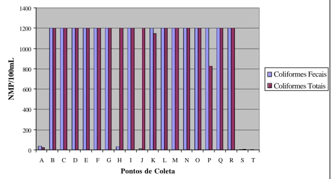 Fig. III  – NMP de Coliformes Totais e Fecais da Aldeia Jaguapiru, lado mais  populoso no período chuvoso – janeiro/fevereiro 2006