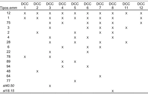 Tabela 3 - Distribuição dos tipos emm pelos 10 DCCs (2000-2007). 
