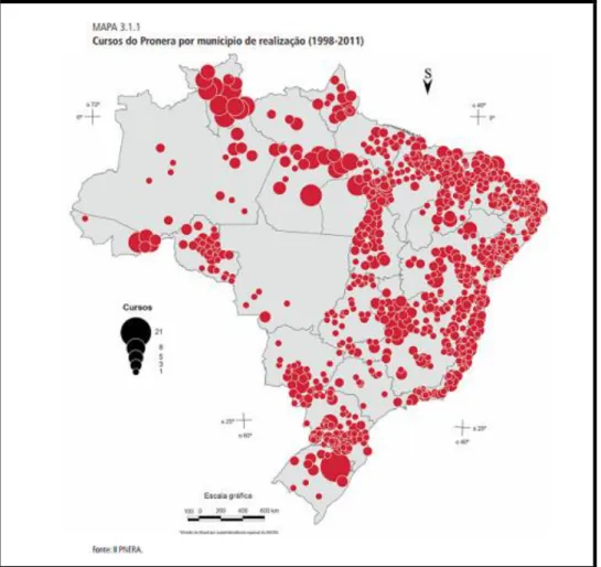 Figura 1: Cursos do PRONERA por município de realização (1998-2011)  Fonte: II PNERA, 2015