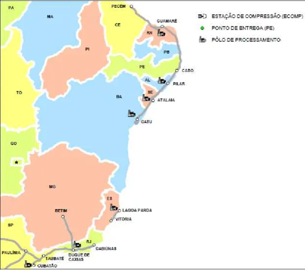 Figura 1.1 - Gasodutos entre as regiões Sudeste e Nordeste, antes do GASENE  [PETROBRAS, 2011] 