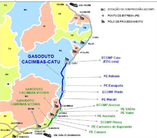 Figura 1.2- Gasodutos entre as regiões Sudeste e Nordeste integradas pelo GASENE 2010  [PETROBRAS, 2011] 
