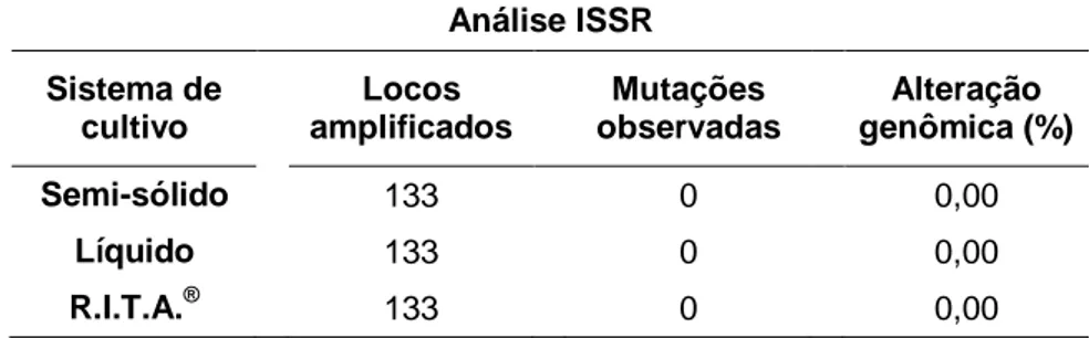 Tabela 3. Análise da fidelidade genética de clones de dendezeiro propagados  via embriogênese somática de folhas imaturas por marcadores ISSR