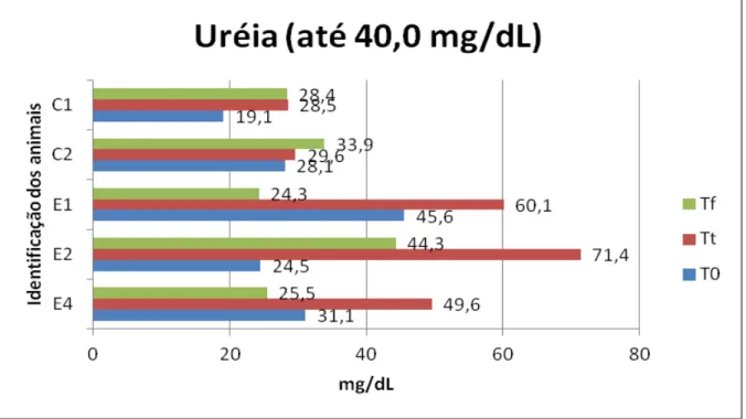 Figura  10:  Representação  gráfica  das  concentrações  séricas  (mg/dL)  da  uréia  em  diferentes  momentos 