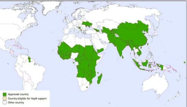 Figura 3 –  Introdução da vacina contra a hepatite B - países aprovados pela GAVI até 2007.