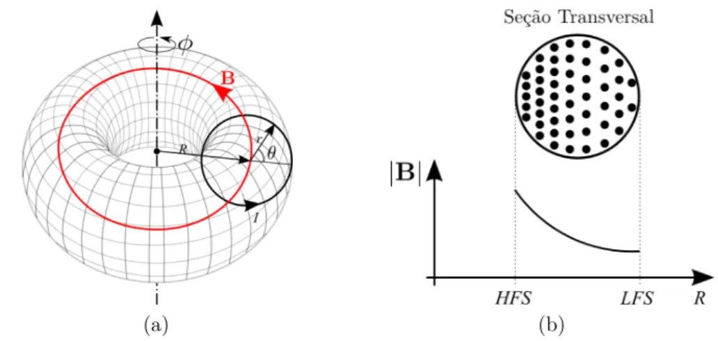 Figura 5 – (a) Sistema de conﬁnamento toroidal. As linhas de campo são fechadas e não interceptam as paredes do vaso