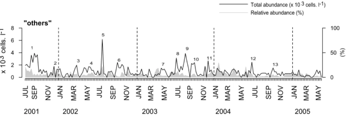 Figure 4 - Weekly distribution of the category of ‘‘others (x 10 3  cells.l -1 ) during the  sampling period (July 2001–May 2005)