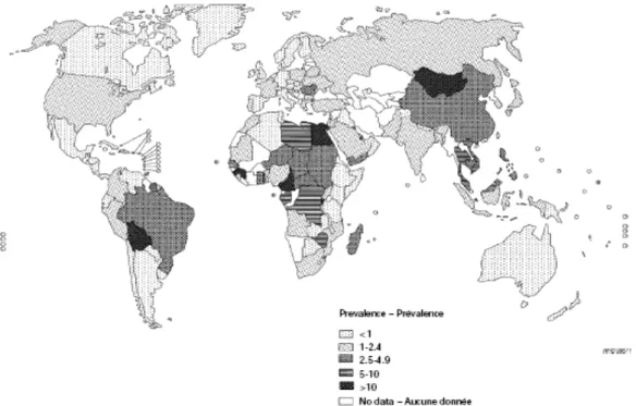 Figura 1. Estimativa de prevalência mundial de hepatite C. 