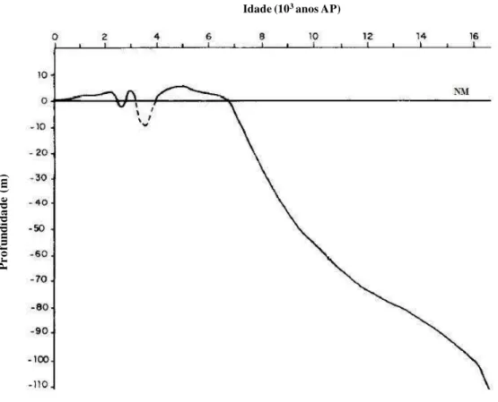 Figura  1.2  -  Curva  de  variação  do  nível  relativo  do  mar  ao  longo  dos  últimos  17.000  anos AP (modificado de Correa, 1996)