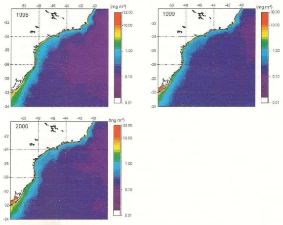 Figura  3.6  -  Distribuições  médias  anuais  de  clorofila-a  superficial  (MG  m-3)  entre  o  cabo de São Tomé (RJ) e o Chuí (RS), estimadas por imagens da SeaWifs (Sea-viewing  Wide Field-of-view- Sensor)  –  1998 (Gaeta e Brandini, 2006)
