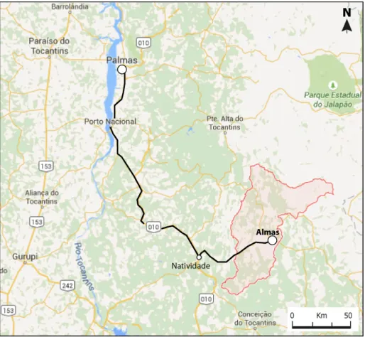 Figura  1.1  -  Mapa  de  localização  do  distrito  de  Almas,  Tocantins,  situada  a  285  km  a  sudeste  de  Palmas,  capital  do  estado