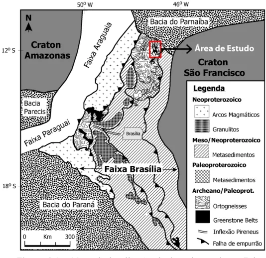 Figura  2.1   -  Mapa  de  localização  da  área  de  estudo  na  Faixa  Brasília  (modificado  de  Dardenne,  2000  e  D'el-Rey  Silva,  2008)