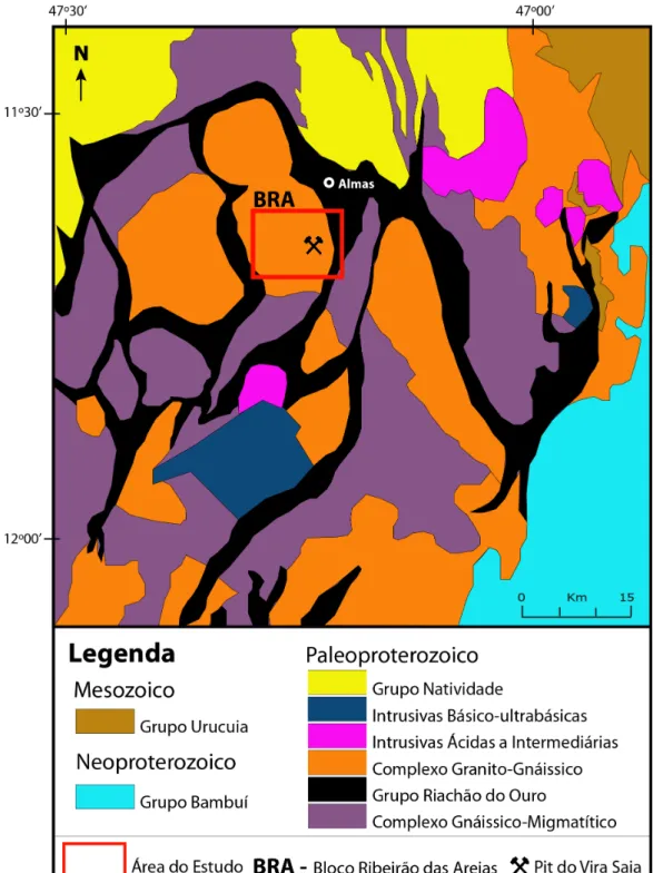 Figura  2.2  -  Mapa  de  localização  da  área  de  estudo  no  terreno  Almas  (atualizado de Bruni et al., 1974)