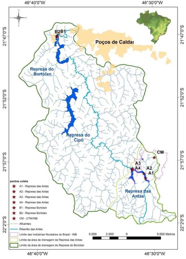 Figura 1.  Localização dos pontos de coleta na represa das Antas (A1, A2, A3 e A4), represa  Bortolan (B1e B2) e na UTM-INB (CM)