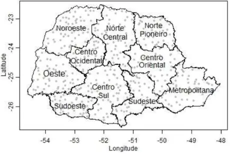 Figura 3 - Distribui¸c˜ao geogr´afica das 484 esta¸c˜oes meteorol´ogicas do Estado do Paran´a