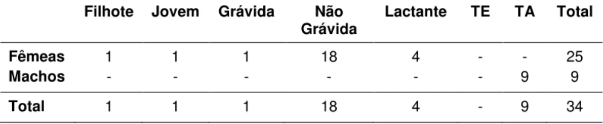 Tabela 6. Composição sexual, etária e reprodutiva do Agrupamento 17 de D. rotundus no  Abrigo Diurno Gruta Sítio das Antas em 2013, localizado em Paraibuna, SP