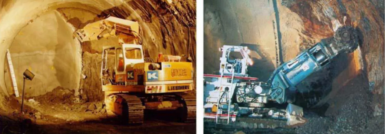 Figura 2.6 a) Escavadeira em Túnel de Teste em Heathrow - London. b) Escavação com Fresa na  Estação Subterrânea Exchange Place - Jersey City, (Sauer &amp; Mergelsberg, 2003) 