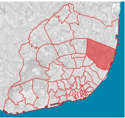 Figura 2 - Limites das (antigas) 53 freguesias do concelho de Lisboa  FONTE: CML (adaptado) 