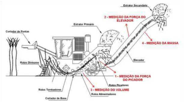 Figura 1 - Localização de pontos de sensoriamento de fluxo de massa em uma colhedora de  cana-de-açúcar (COX, 2002) 