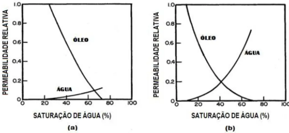 Figura 2.5: Curvas de permeabilidade tendo óleo como fluido molhante (a) e água como   fluido molhante (b)  