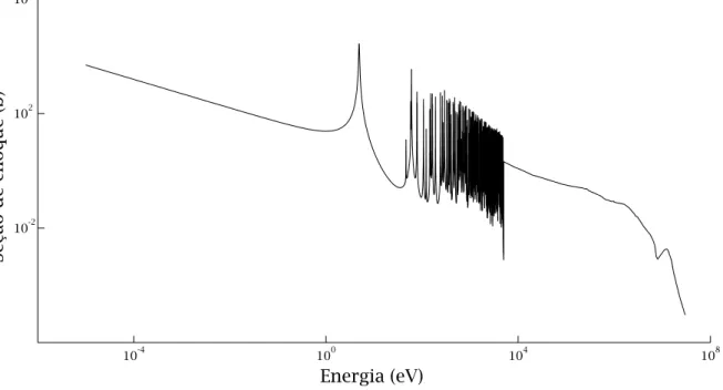 Figura 2.2: Se¸c˜ ao de choque de captura de nˆeutrons em fun¸c˜ ao da energia incidente do nˆeutron para a rea¸c˜ ao 197 Au(n, γ) 198 Au [44, 45].