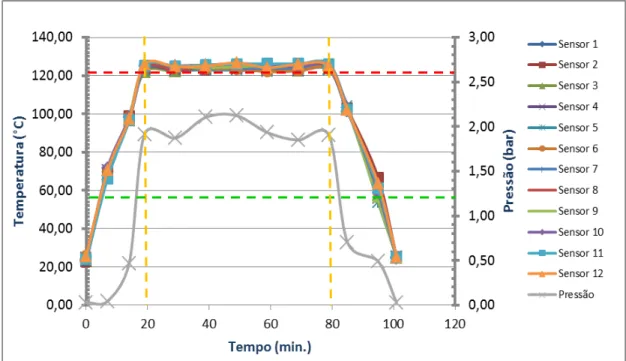 Figura 9 - Curvas de temperatura e pressão do 2º. ciclo de esterilização no biorreator vazio