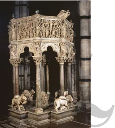 Fig. 4 e 5. Púlpito (Ambone). Nicola e Giovanni Pisano, 1265-1268. Mármore. Siena: Duomo de Santa Maria  Assunta