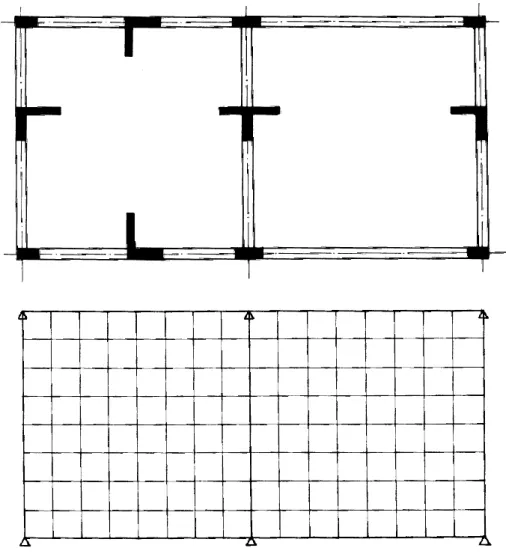 Figura 2.1 - Planta de um pavimento com pilares, vigas e lajes; Grelha equivalente empregada para  representar o pavimento (Carvalho, 1994)