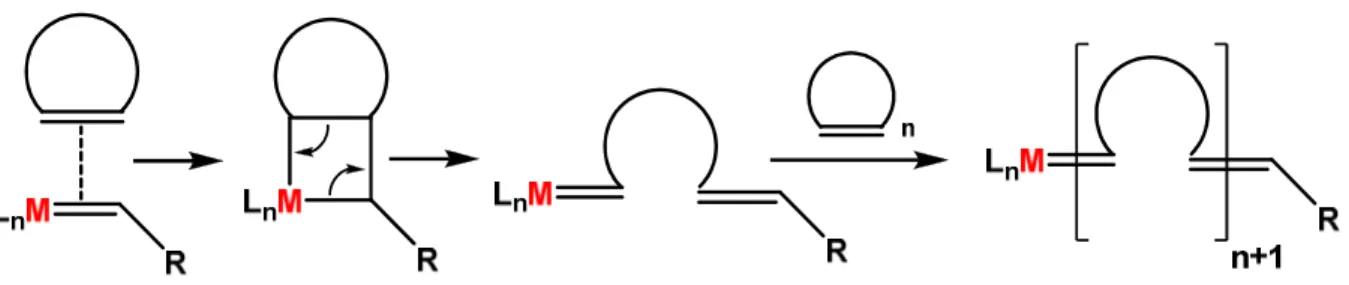Figura  7  -  Mecanismo  de  reação  de  metátese  ilustrado  para  polimerização  de  uma  olefina  cíclica via ROMP