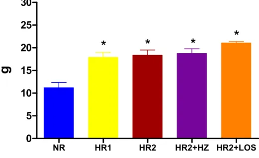 Figura 4. Consumo de ração (g) de animais alimentados com dieta  normossódica (NR, n=14), hipersódica 1 (HR1, n=16), hipersódica 2 (HR2,  n=15), hipersódica 2 + hidralazina (HR2+HZ, n=15) ou hipersodica 2 +  losaratan (HR2+LOS, n=15), desde o desmame até a