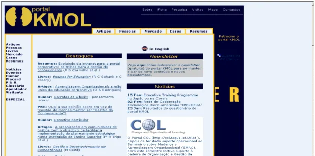 Figura 1: Exemplo de web site que caracteriza um Portal relacionado à  Gestão do Conhecimento e da Qualidade ( Disponível em: www.kmol.online.pt/ 