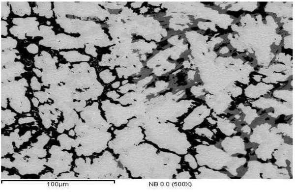 FIGURA 25  –  Micrografias da liga La 0,7 Mg 0,3 Al 0,3 Mn 0,4 Co 0,5 Ni 3,8 ; onde: (a) visão  geral (500x) e (b) detalhada (1000x)
