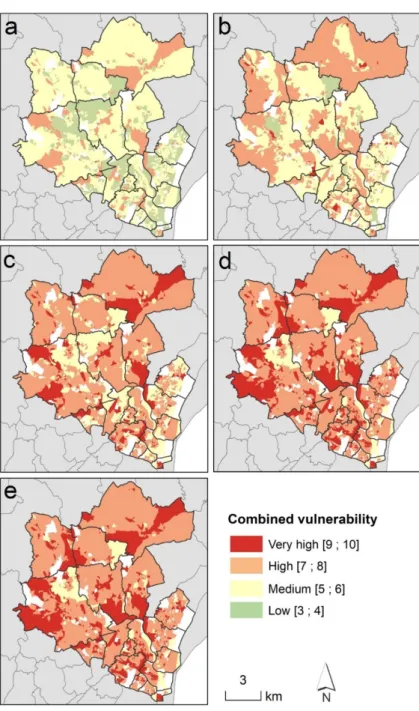 Figure 5. Combined vulnerability for residents living in buildings potentially affected by a landslide  body, for slip surface depth of (a) 1 m; (b) 3 m; (c) 5 m; (d) 10 m; and (e) 20 m