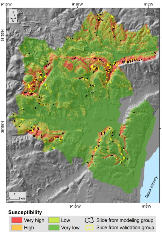 Figure 2. Susceptibility map for deep-seated rotational slides occurrence in the Loures municipality  (based on the work done by Guillard and Zêzere [29] and Guillard-Gonçalves and co-authors [30])