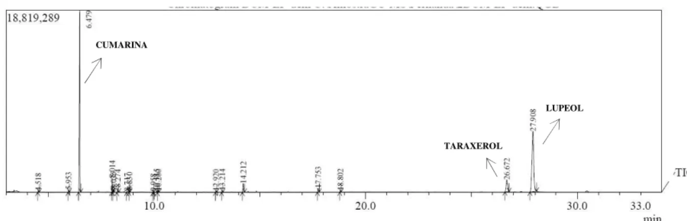 Figura 4. Cromatograma da análise em GC-MS do extrato da lavagem foliar de M. laevigata