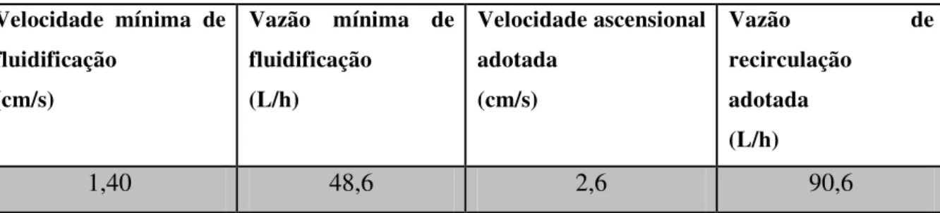 Tabela 5.1: Parâmetros de fluidificação do leito  Velocidade mínima de  fluidificação   (cm/s)  Vazão mínima de fluidificação  (L/h)  Velocidade ascensional adotada  (cm/s)  Vazão de recirculação adotada   (L/h)  1,40  48,6  2,6  90,6 