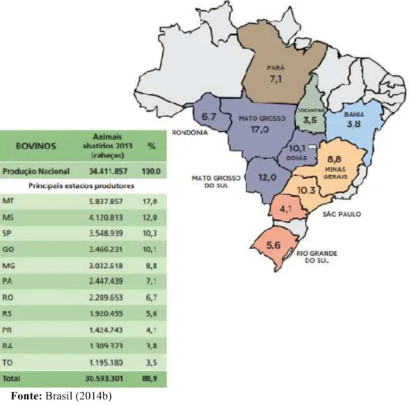 Figura 2- Distribuição do rebanho bovino brasileiro no que se refere ao número de animais  abatidos em 2013, nos principais Estados produtores 