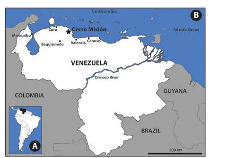 Figura 7. Mapas (A) da América do Sul indicando a Venezuela em preto e (B) da Venezuela indicando (estrela preta)  a área cárstica de Cerro Missión, no noroeste do país, aonde está localizada a Formação Capadare