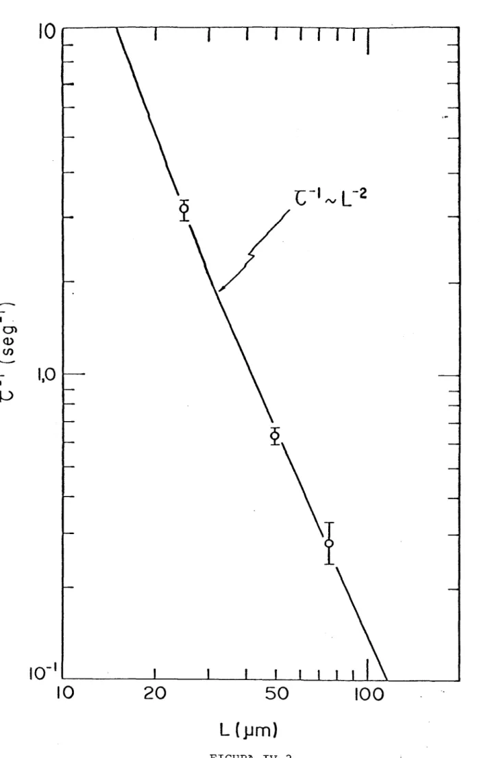 Gráfico do inverso do tempo de relaxação T versus-espessura da célula de cristal liquido L: T é proporcional à L2.