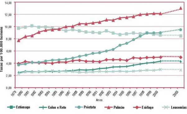 Figura 3 – Gráfico das taxas brutas de mortalidade, por 100000 homens, para os tumores mais freqüentes no Brasil, 1979 – 2000 e projeções para 2003 (fonte: