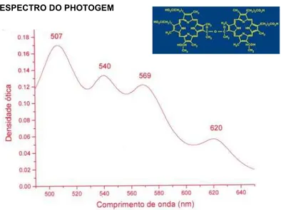 Figura 15 – Espectro de absorção do Photogem. O pico em 630 nm é utilizado tanto para detecção quanto para tratamento do tumor.
