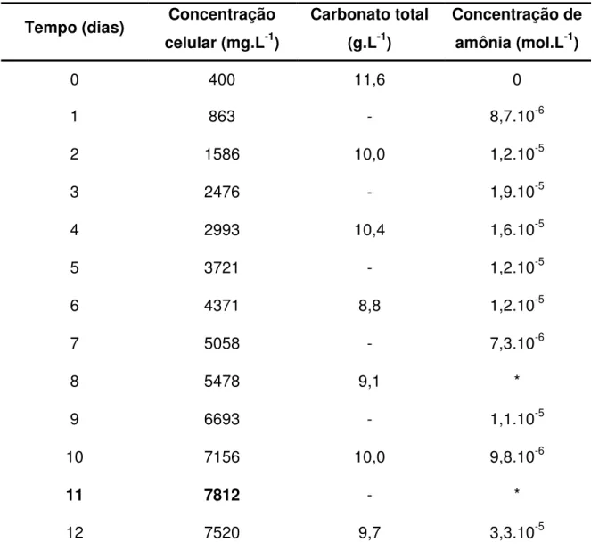 Tabela 8 – Concentração celular, carbonato total e amônia em função do tempo no  ensaio 4 (60  µ mol fótons.m -2 .s -1 , sulfato de amônio e adição diária de 3mM).