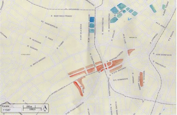 Figura   8   –   Mapa:   aproximação   dos   lugares   dos   lançamentos   mencionados,   nos   entornos   do   Minhocão   e   praça   da  Republica (azul); viadutos da Bela Vista e av .9 de Julho (vermelho)
