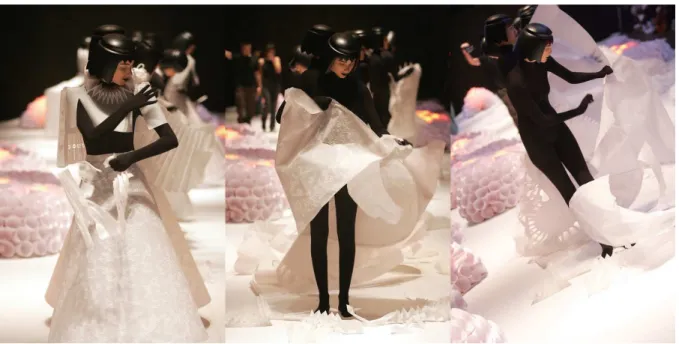 Figura 6.  A proposta do estilista Jum Nakao foi surpreendente  em 2004. A coleção foi  desenvolvidas em papel  tendo como desfecho a destruição de todos os vestidos
