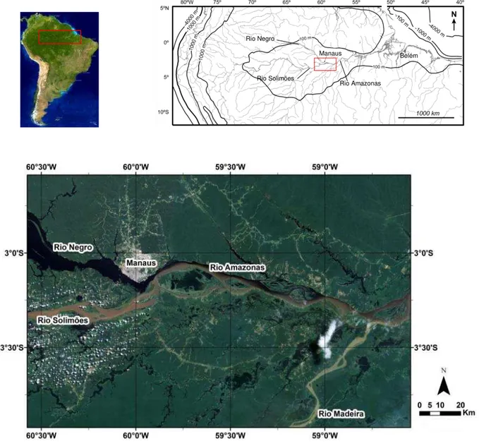 Figura 1. Localização da área de estudo nas proximidades da cidade de Manaus, AM. Imagem  em Landsat 4-5 TM