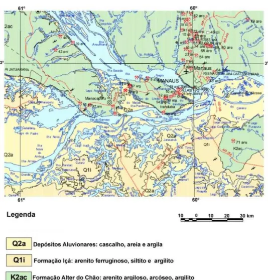 Figura 2. Contexto geológico da confluência dos rios Negro e Solimões. Adaptado de Faria et  al