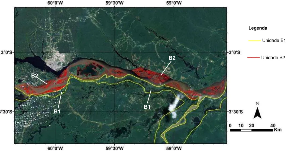 Figura 13. Imagem do Google Eatrh (Image 2013 Geoeye) com a delimitação das unidades B1  e B2 nos rios Solimões e Amazonas