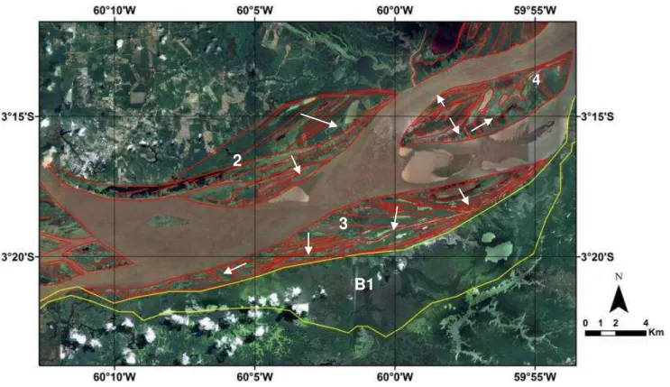 Figura 16. Geometria interna das barras 2, 3 e 4 com o sentido de crescimento (setas brancas)  dos cordões (em vermelho).