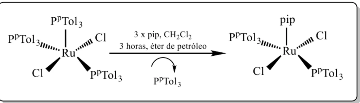 Figura 9  –  Ilustração da reação do complexo [RuCl 2 (P p Tol 3 ) 3 ] com piperidina