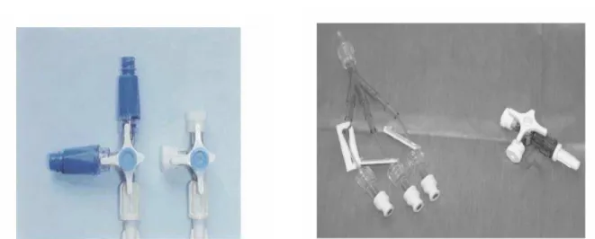 Figura 3. Visão panorâmica de conectores Posiflow® (estudo 12), sistema de três  vias tipo torneira e sistema de conector valvulado sem agulha (estudo 13)